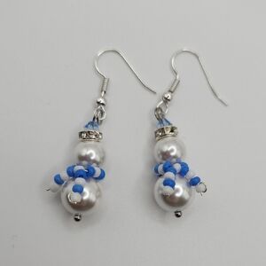 White and Blue Beaded Snowman Earrings with Crystals
